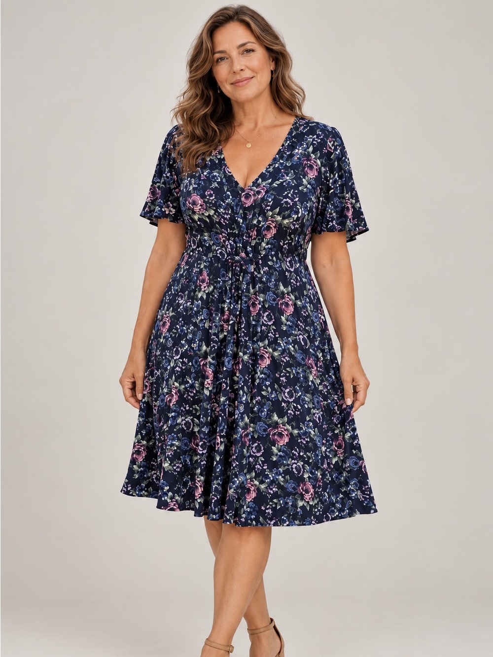 Garnet Hill CottageCore Floral Ruched Jersey Knit Midi Dress Size M